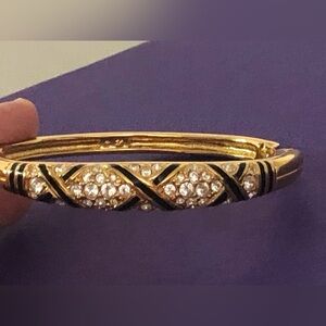 Exquisite Swarovski Hinged Bangle Bracelet Crystal, Gold Plated Black Enamel